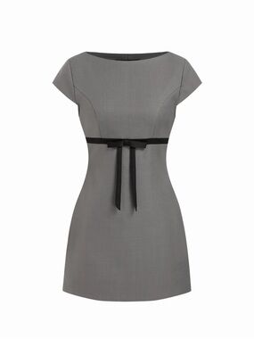 Cider Grey Boat Neck Bowknot Mini Dress
